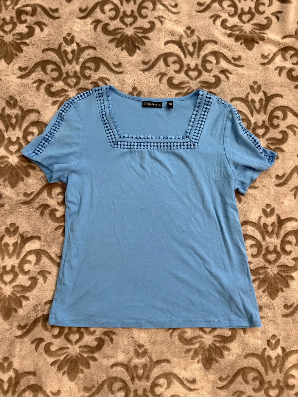 Chaps Light Blue Square-Neck Short Sleeve Tee with Crochet Trim
